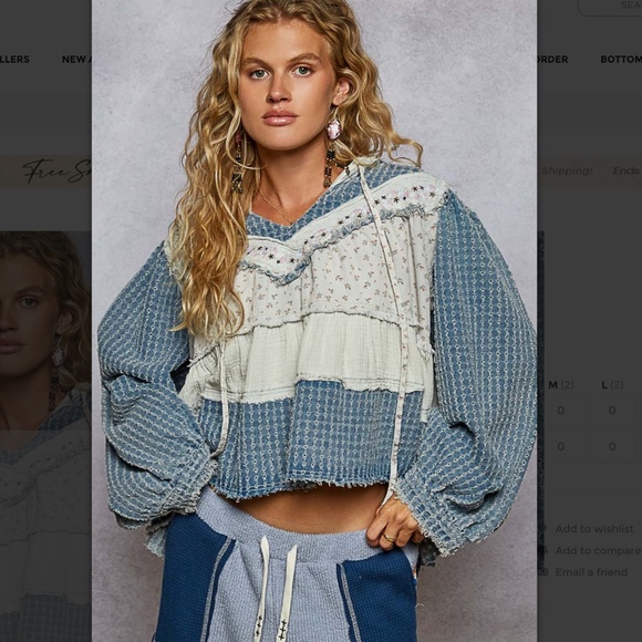 POL “ Daisy “ POL V-Neck Textured Denim Hoodie Top 24AB - Picture 1 of 6